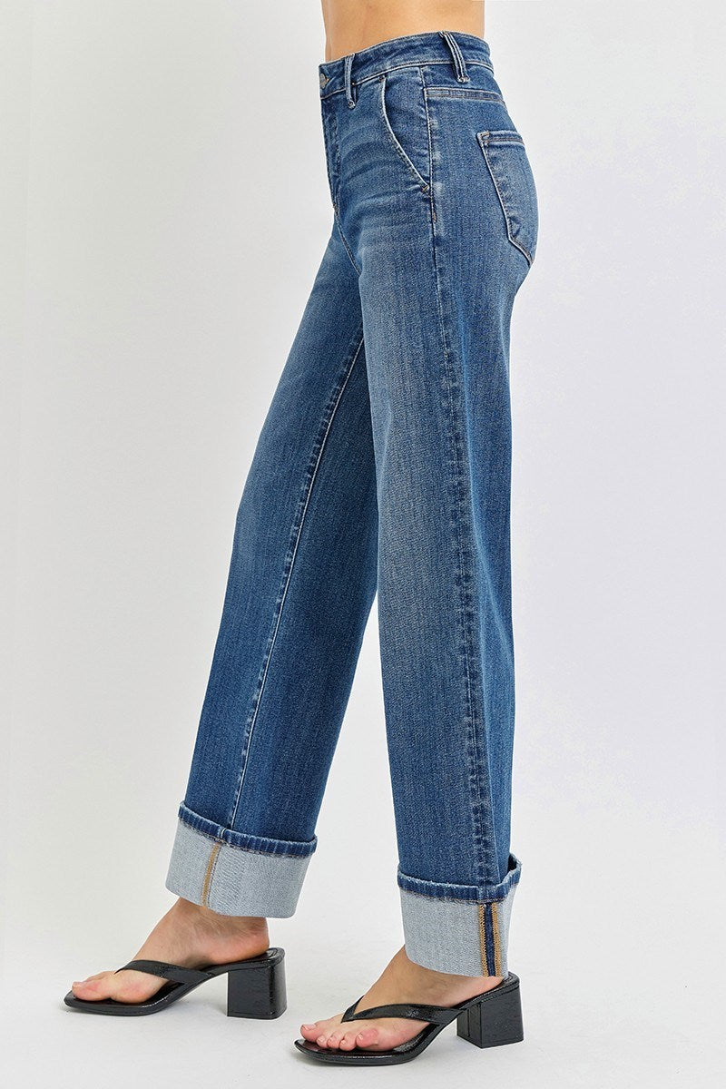 Blue Horizon High Rise Wide Leg Cuffed Jeans