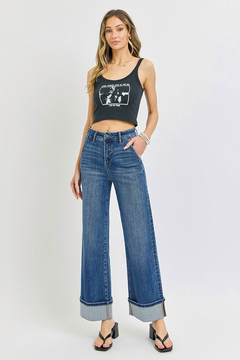 Blue Horizon High Rise Wide Leg Cuffed Jeans