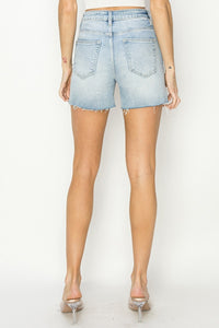 High Standard Raw Edge Light Wash Denim Shorts