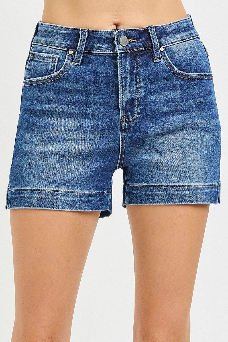 Go-To High Rise Side Slits Denim Shorts - Dark Wash