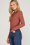 Carter Collared Ribbed Long Sleeve Bodysuit - Terracotta