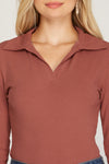 Carter Collared Ribbed Long Sleeve Bodysuit - Terracotta