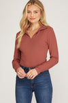 Carter Collared Ribbed Long Sleeve Bodysuit - Terracotta