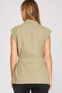 Vance Button Up Woven Vest - Olive