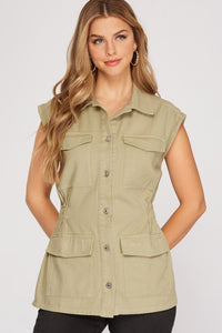 Vance Button Up Woven Vest - Olive