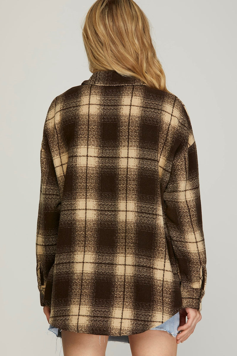 Cozy Club Neutral Plaid Flannel Button Up Shacket