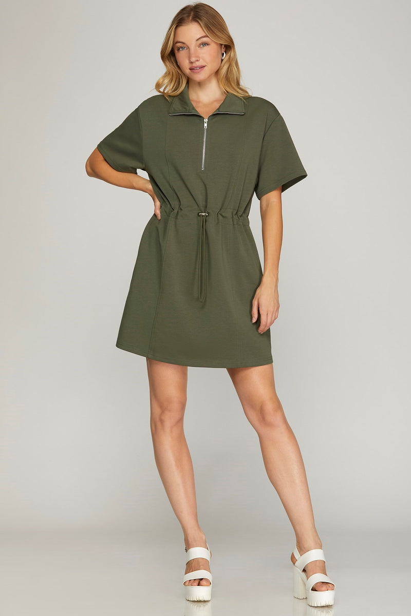 Unstoppable Scuba Knit Drawstring Dress - Olive