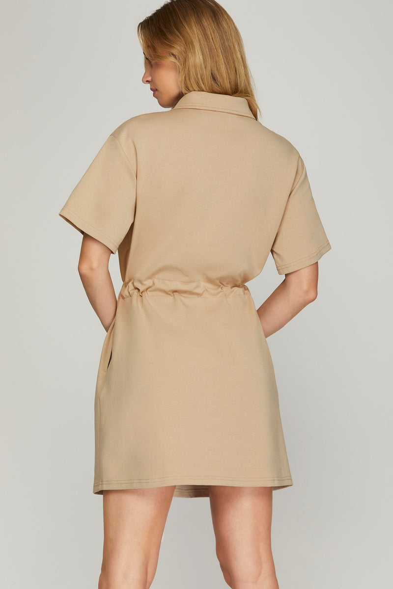 Unstoppable Scuba Knit Drawstring Dress - Light Taupe