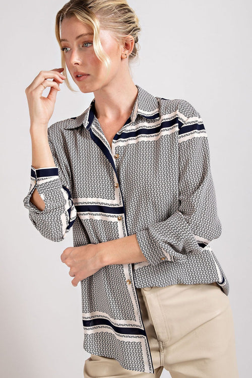 Venture Out Printed Button Up Blouse - Navy