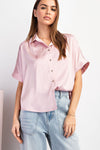 Smitten Short Sleeve Satin Button Up Blouse - Rose Pink