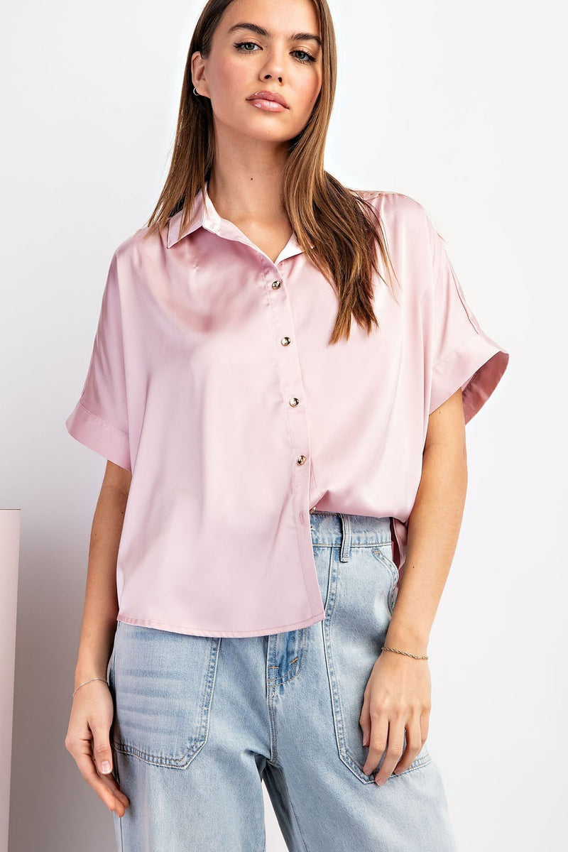 Smitten Short Sleeve Satin Button Up Blouse - Rose Pink