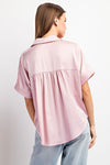 Smitten Short Sleeve Satin Button Up Blouse - Rose Pink