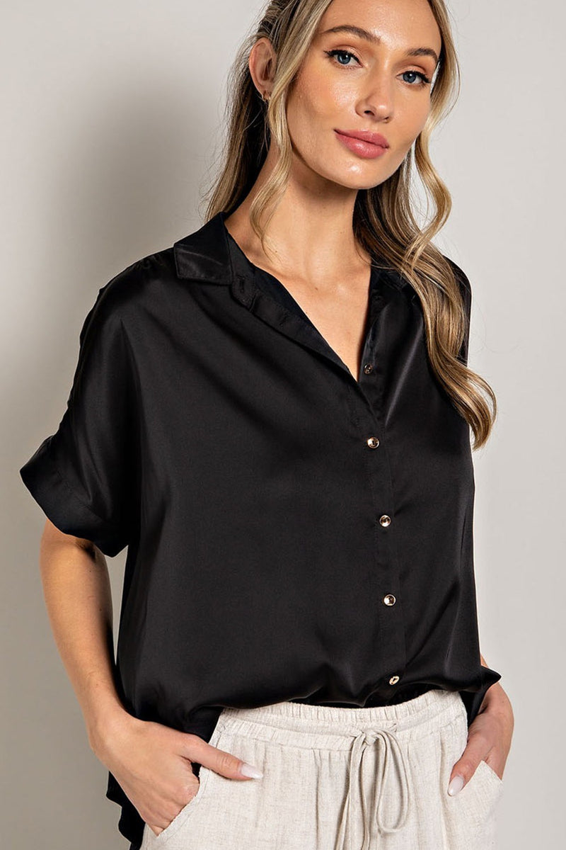 Smitten Short Sleeve Satin Button Up Blouse - Black