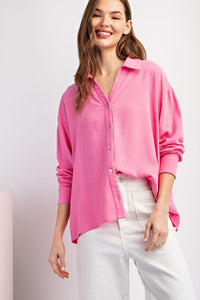 Spring Fling Solid Button Up Long Sleeve Top - Pink