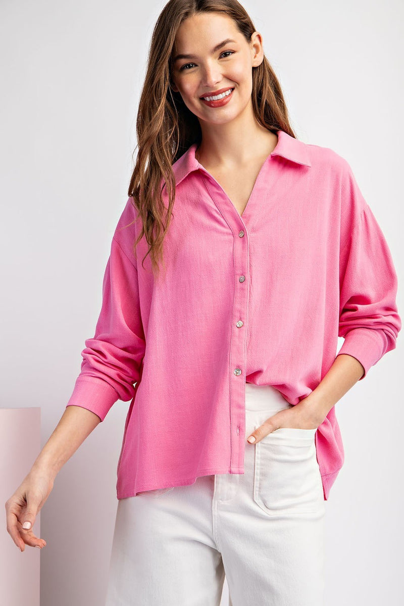 Spring Fling Solid Button Up Long Sleeve Top - Pink