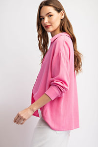 Spring Fling Solid Button Up Long Sleeve Top - Pink