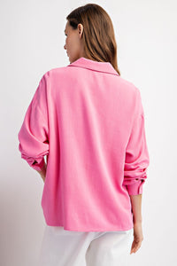 Spring Fling Solid Button Up Long Sleeve Top - Pink