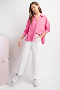 Spring Fling Solid Button Up Long Sleeve Top - Pink