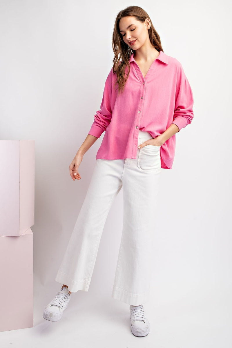 Spring Fling Solid Button Up Long Sleeve Top - Pink