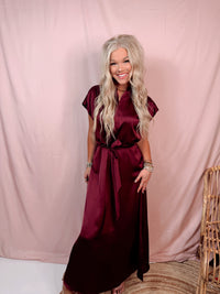 Merlot Memories Midi Satin Tie Dress - Wine