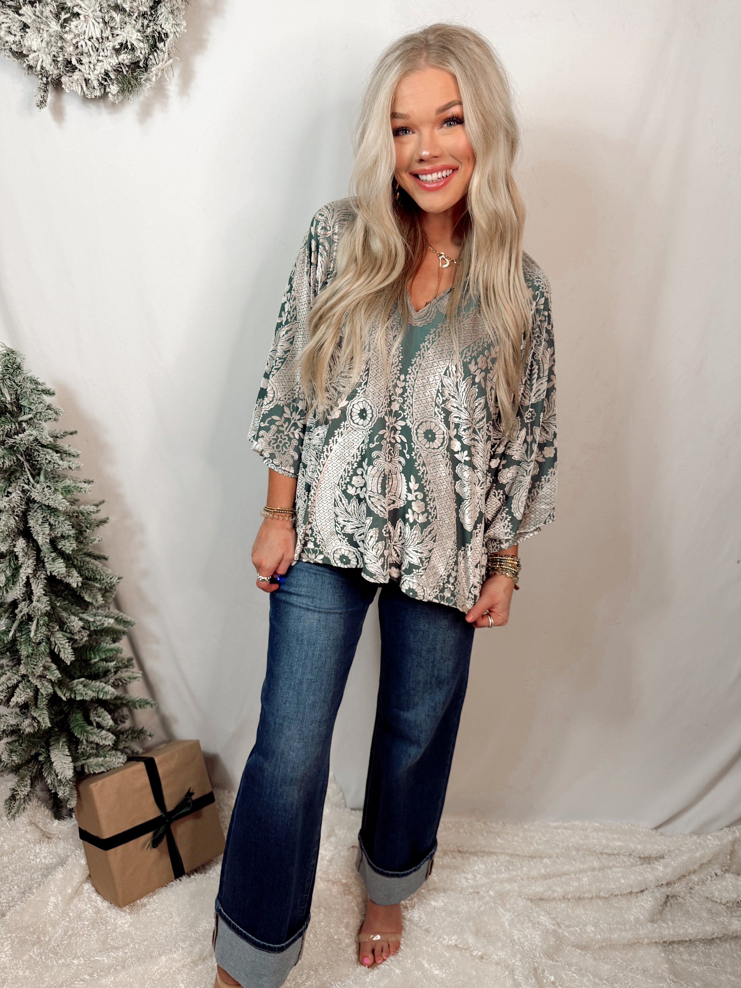 Sage Serenade Velvet Printed Raglan Top