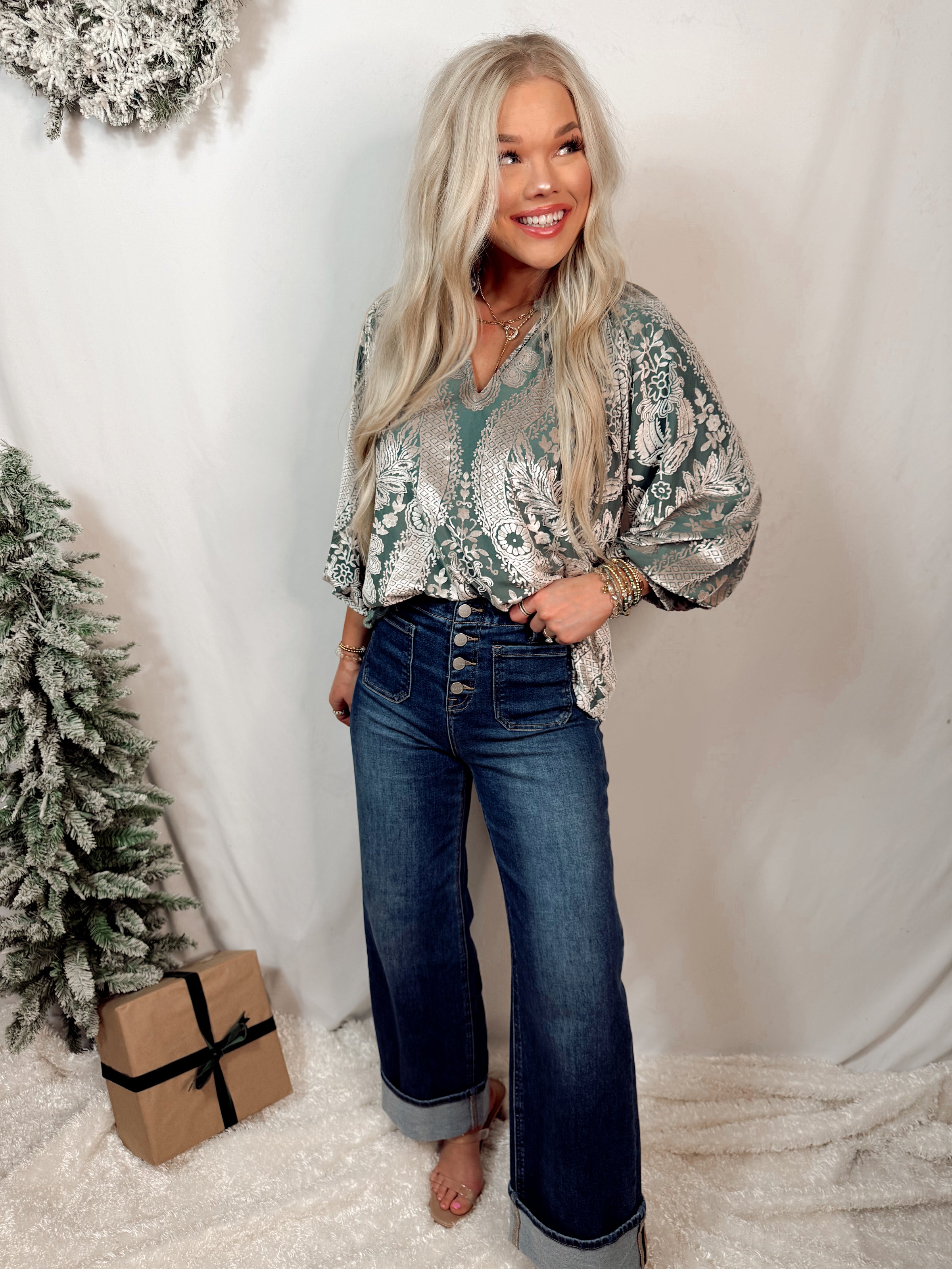 Sage Serenade Velvet Printed Raglan Top