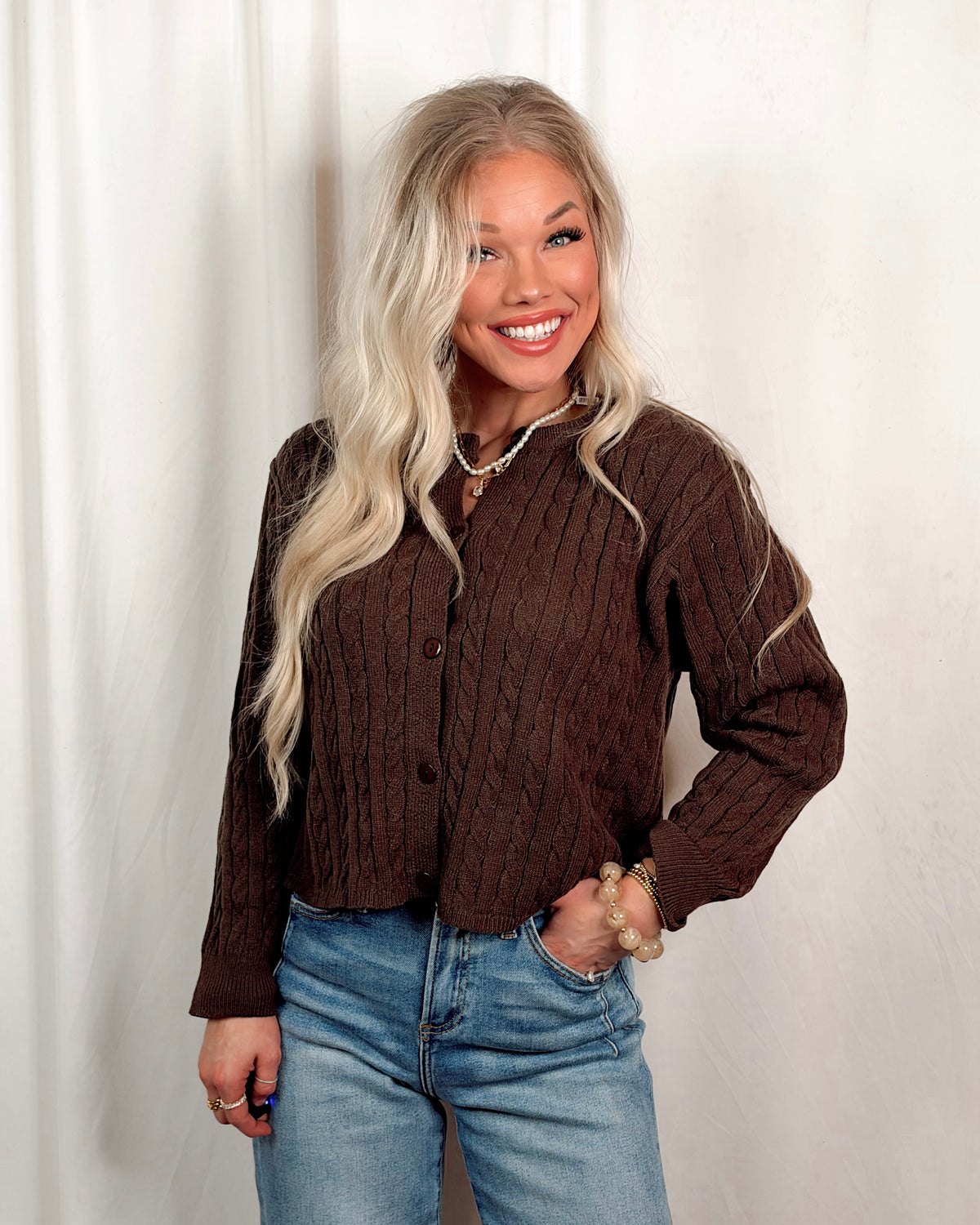 Booked & Busy Cable Knit Sweater / Cardigan - Brown