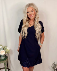 Navy Noir Lace Detailed Puff Sleeve Mini Dress