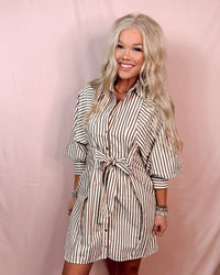 Pinstripe Poised Tailored Mini Dress - Mocha