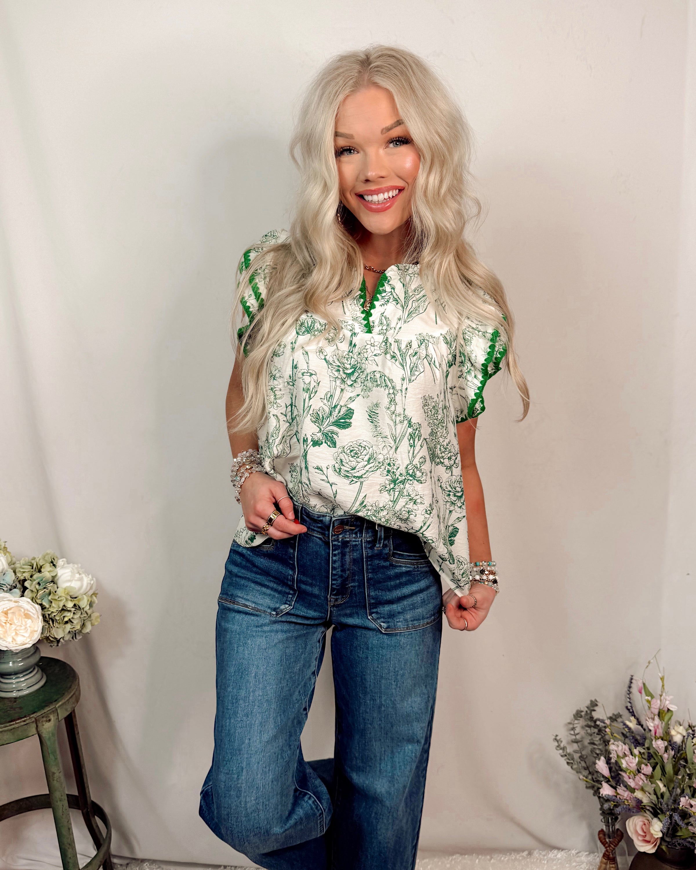 Scenery of Greenery Printed Embroidered Stich Detail Blouse in Green