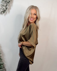 Sultry Satin Staple V-Neck Top - Olive