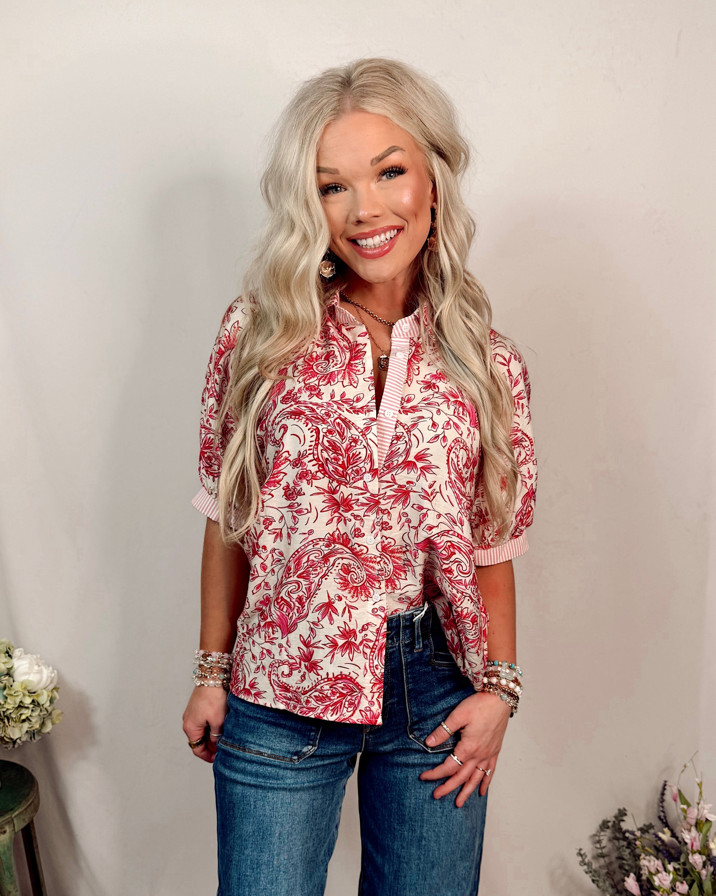 Petals & Paisley in Paradise Printed Button Up Blouse in Fuchsia