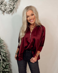 Mulberry Satin Mock Neck Half Zip Top