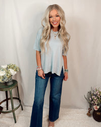 Season Staple Everyday Knit Short Sleeve Blouse in Baby Blue