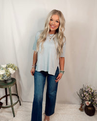 Season Staple Everyday Knit Short Sleeve Blouse in Baby Blue