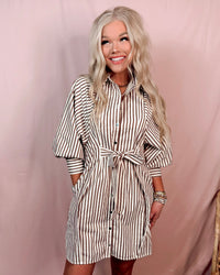 Pinstripe Poised Tailored Mini Dress - Mocha