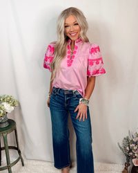 Regal Bloom Embroidered Puff Sleeve Blouse - Pink