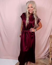 Merlot Memories Midi Satin Tie Dress - Wine