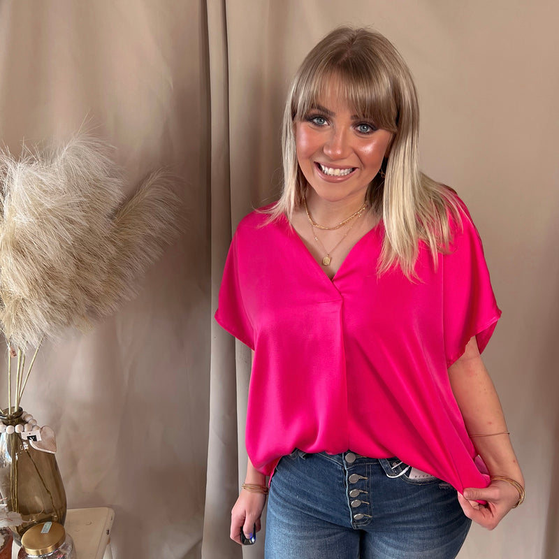 Santa Cruz Satin V-Neck Blouse- Hot Pink