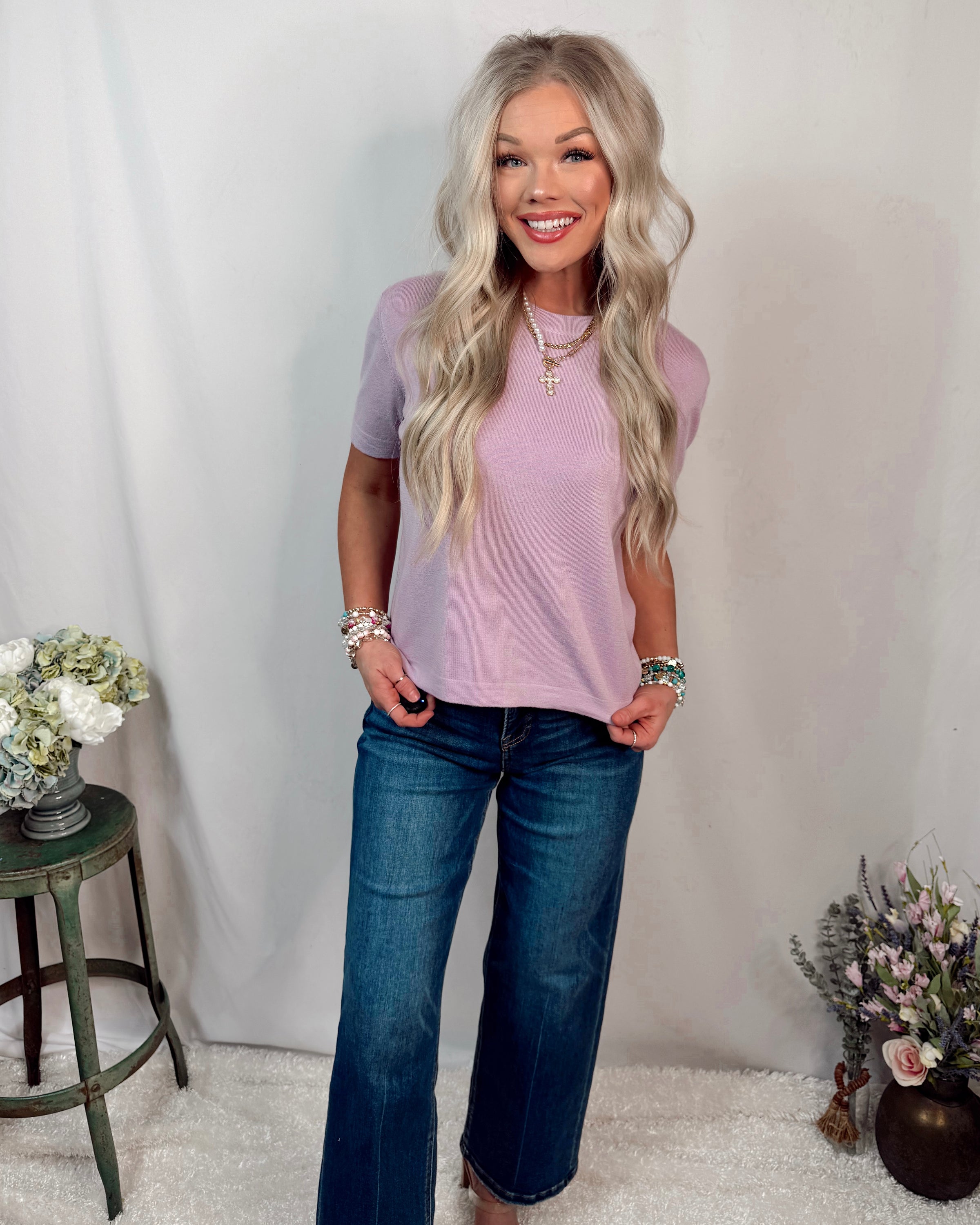 Cozy Cashmere Blend Knit Short Sleeve Top - Lavender