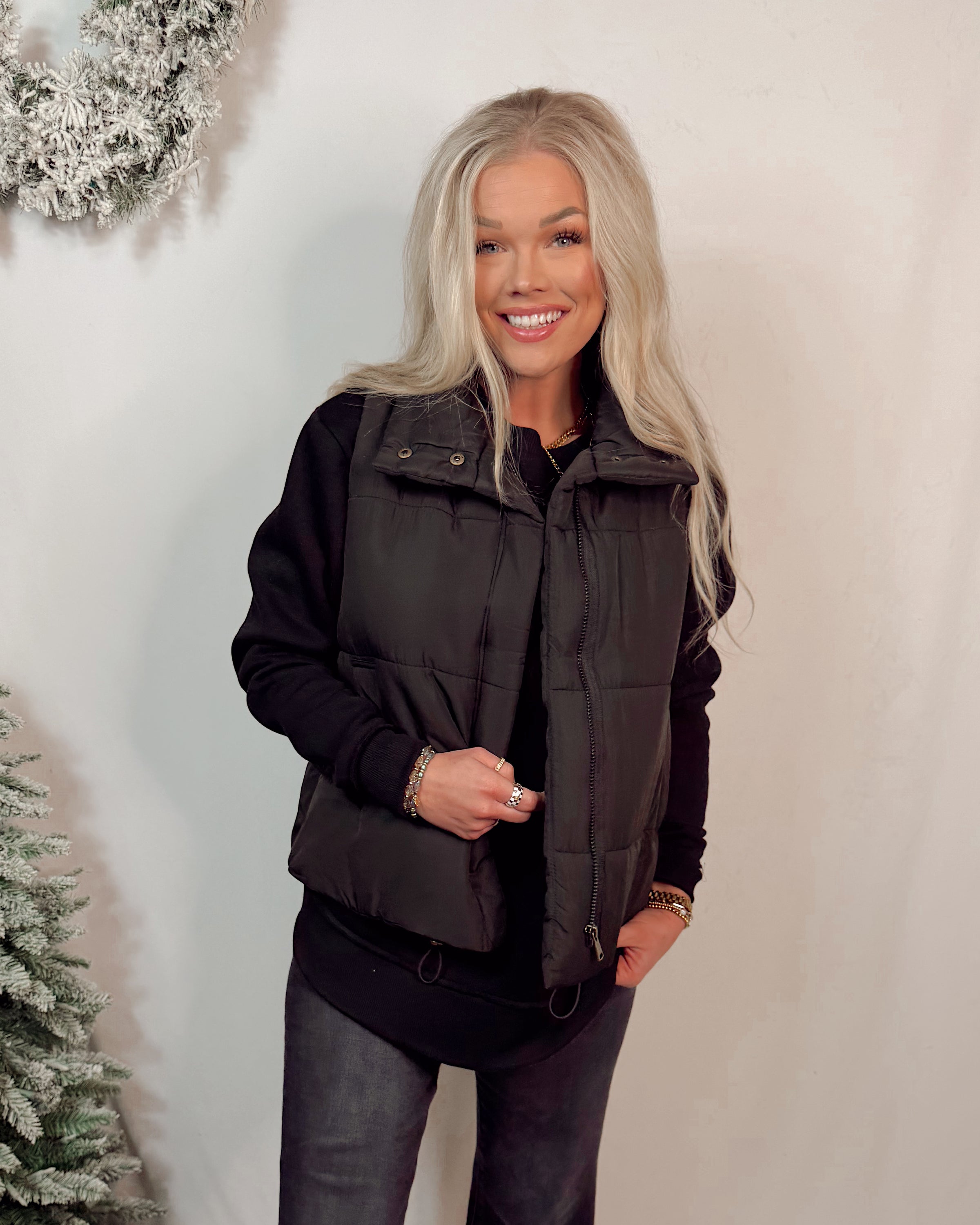 Padded Poise Zip Up Puffer Vest - Black