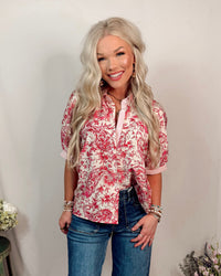 Petals & Paisley in Paradise Printed Button Up Blouse in Fuchsia