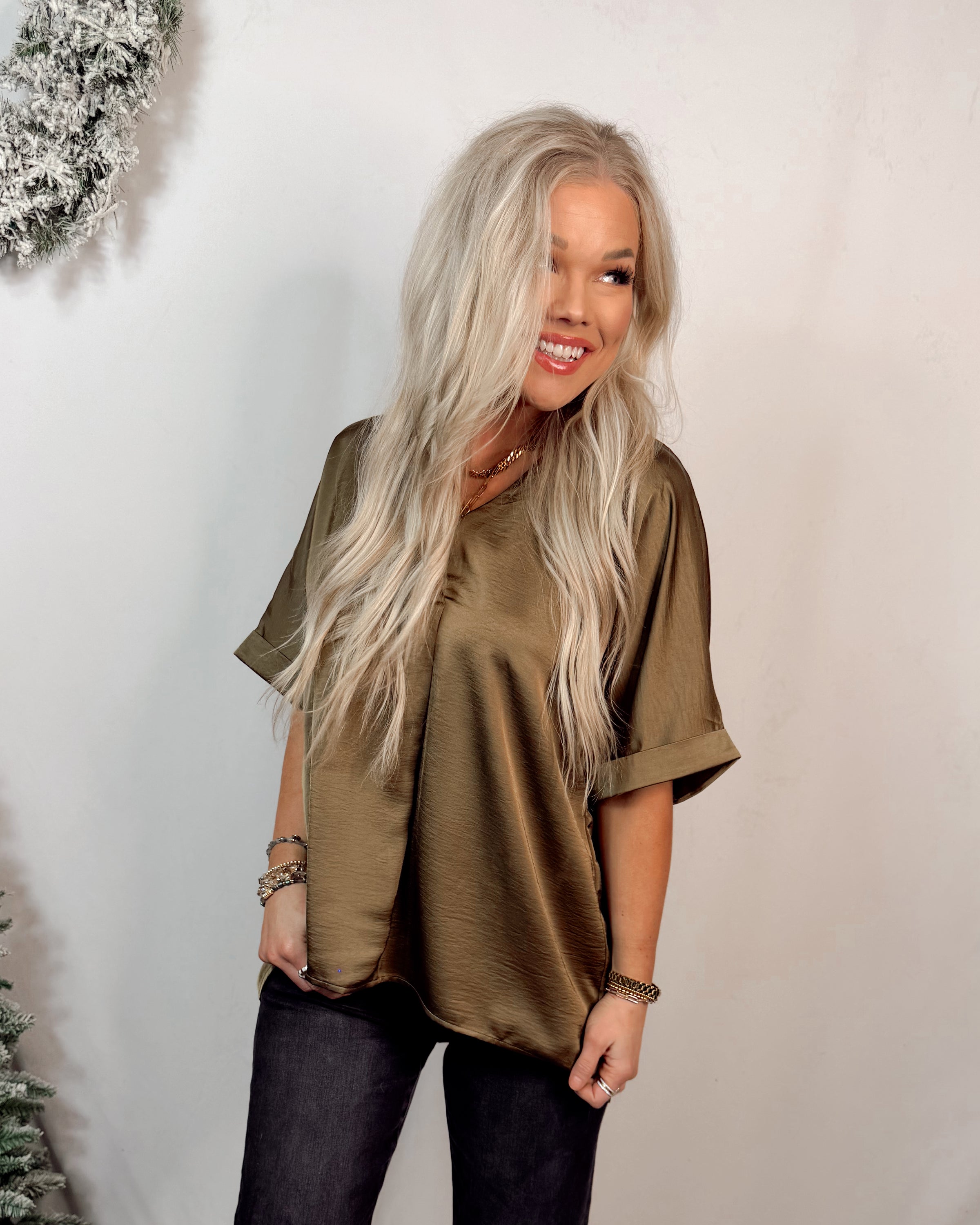Sultry Satin Staple V-Neck Top - Olive