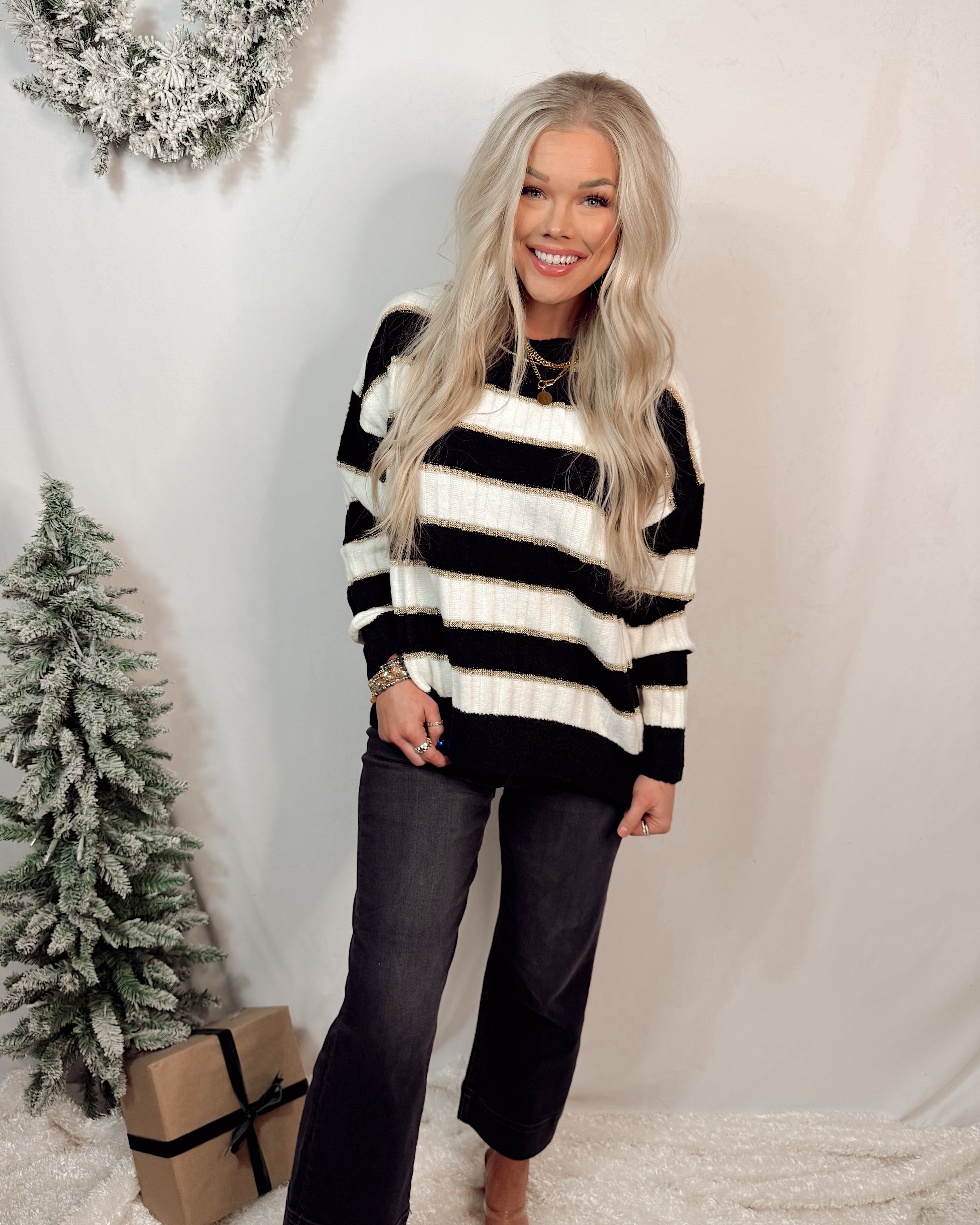 Stardust Stripes Knit Sweater With Sparkling Gold Detail