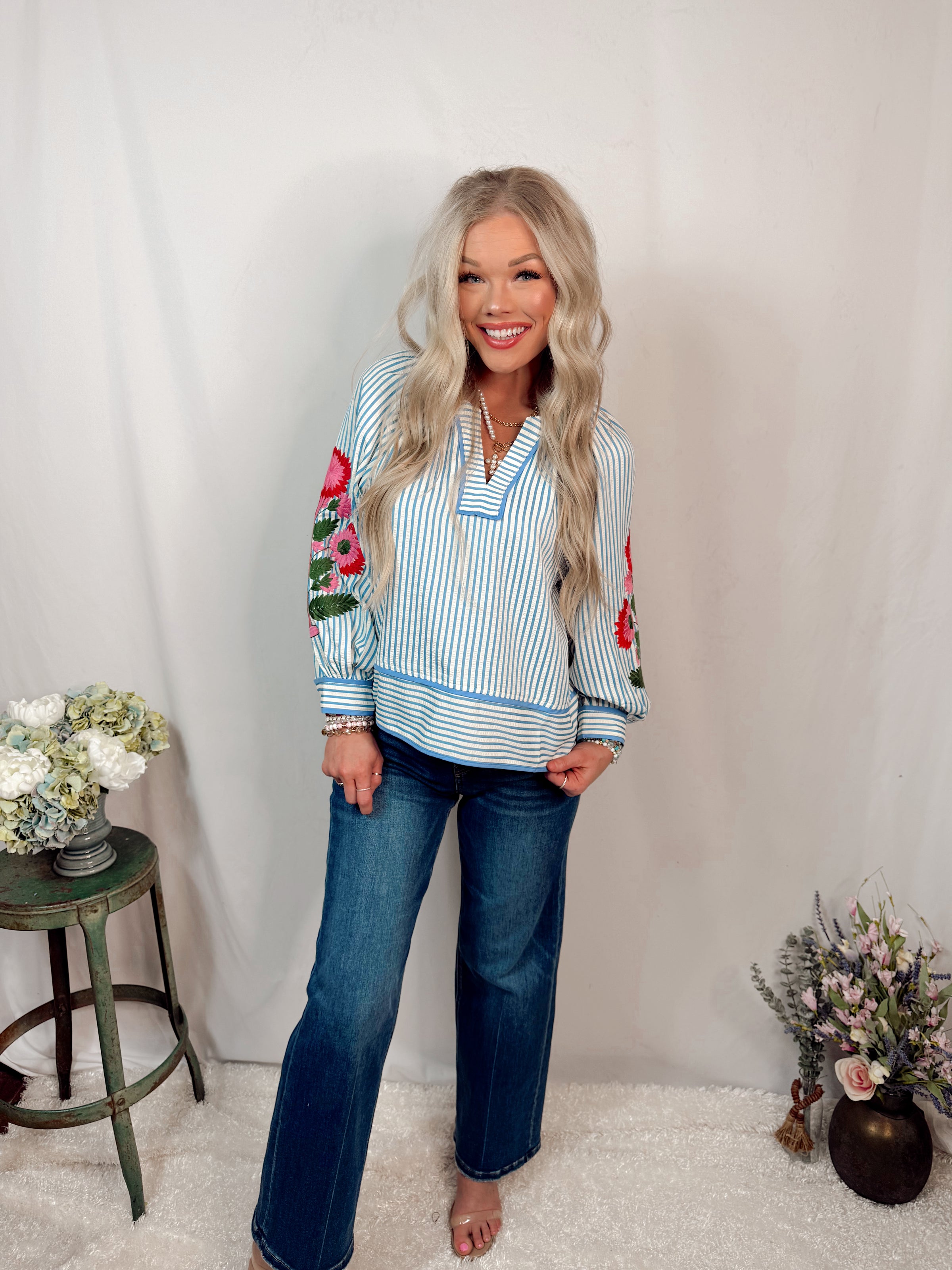 Sunday Stroll Floral + Striped Printed Blouse - Chambray