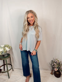 Season Staple Everyday Knit Short Sleeve Blouse in Baby Blue