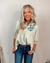 Fields of Green Floral Embroidered Striped Blouse - Sage
