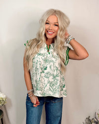 Scenery of Greenery Printed Embroidered Stich Detail Blouse in Green