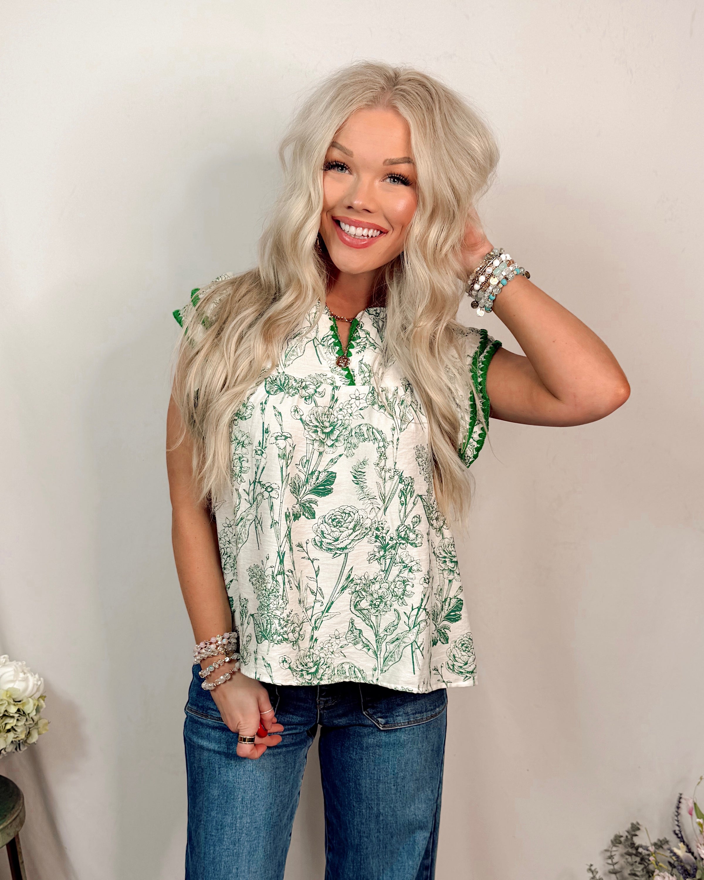 Scenery of Greenery Printed Embroidered Stich Detail Blouse in Green