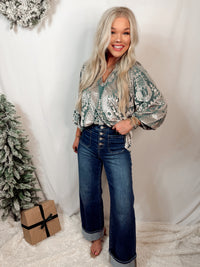 Sage Serenade Velvet Printed Raglan Top